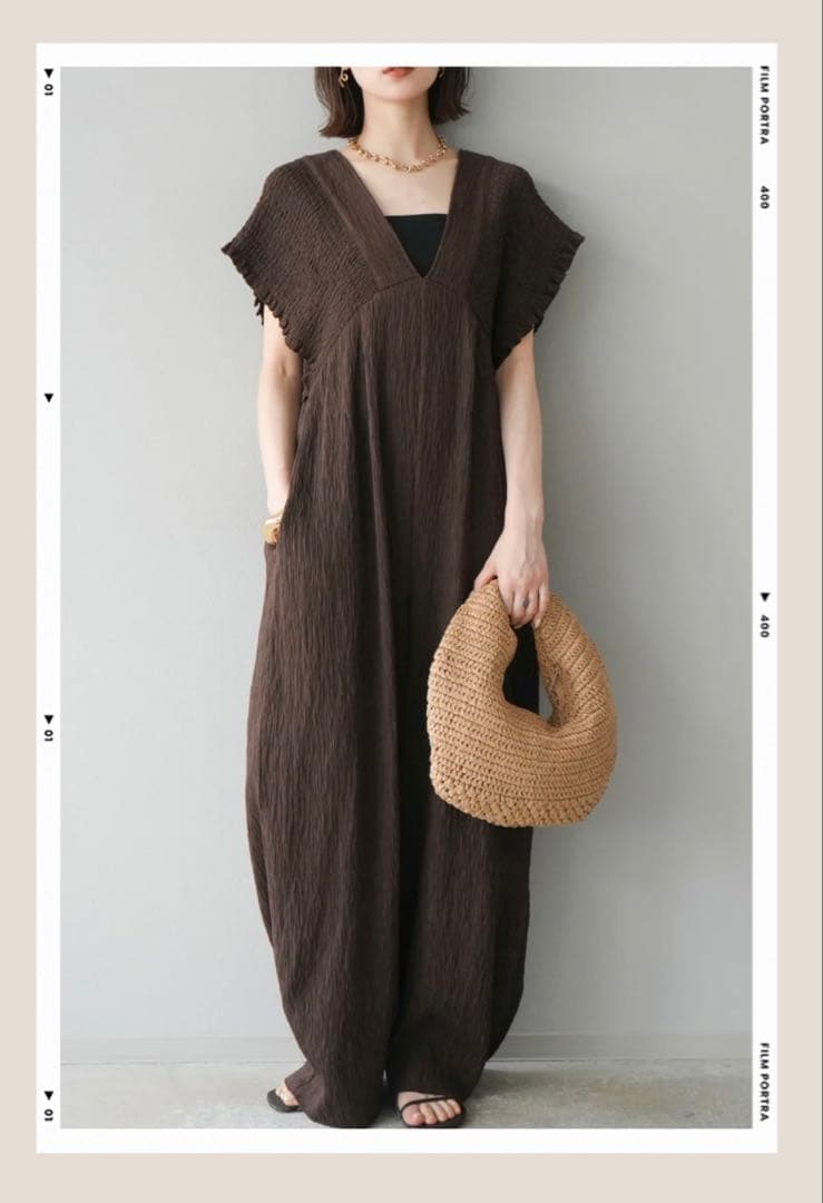 人気　楊柳シャーリング　サロペット　黒　茶　M2枚