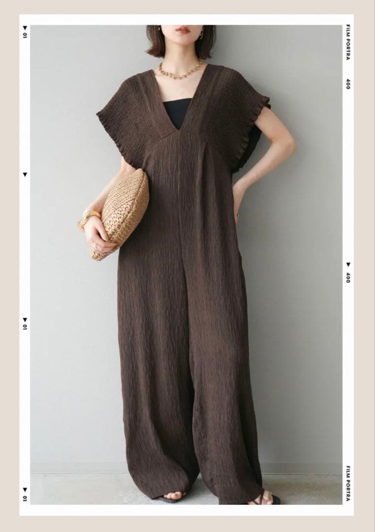 人気　楊柳シャーリング　サロペット　黒　茶　M2枚