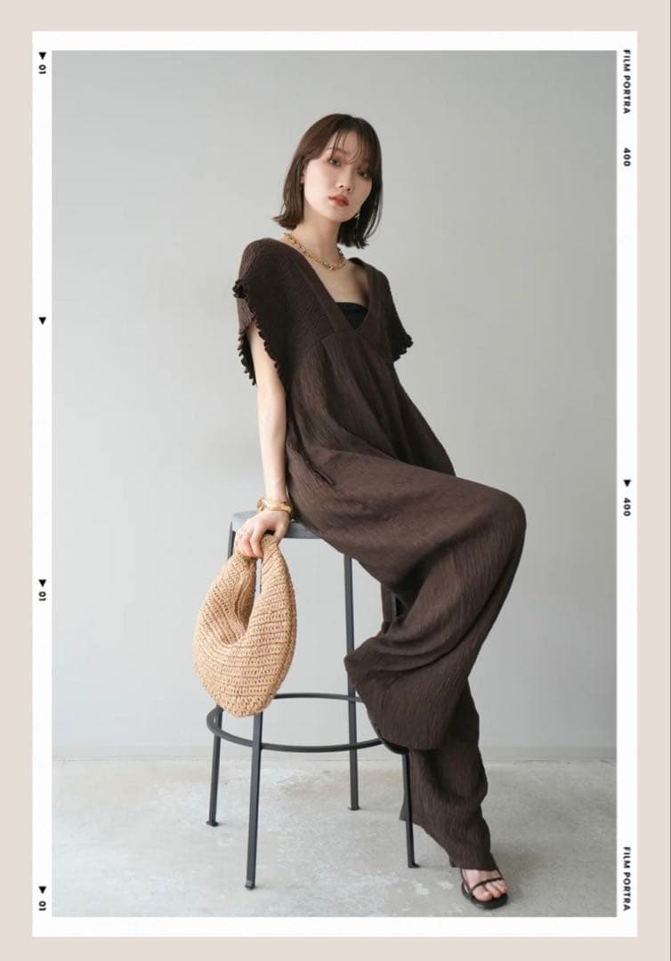 人気　楊柳シャーリング　サロペット　黒　茶　M2枚