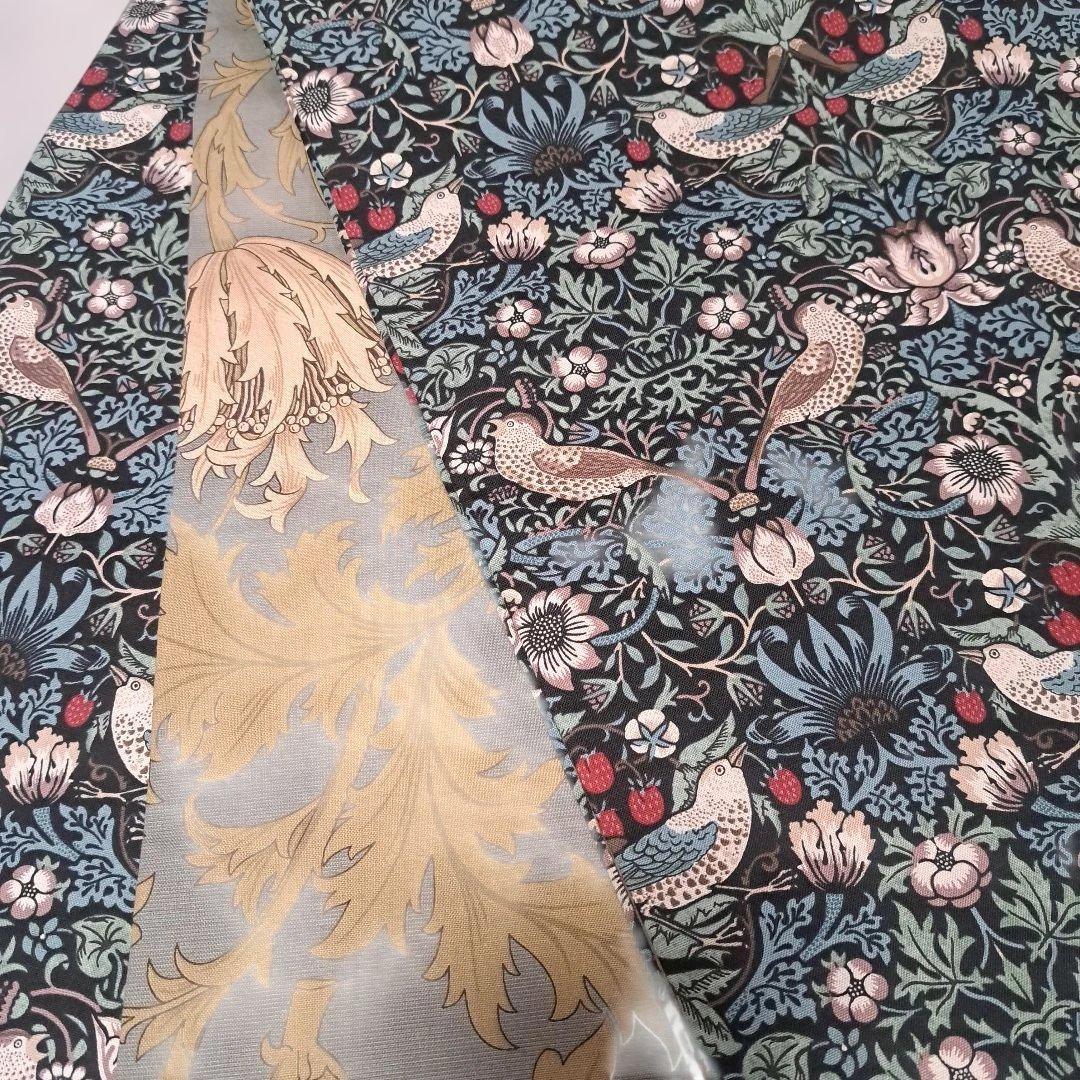 開き名古屋帯　ウィリアムモリス　いちご泥棒　エメラルド×アネモネ　　リバーシブル