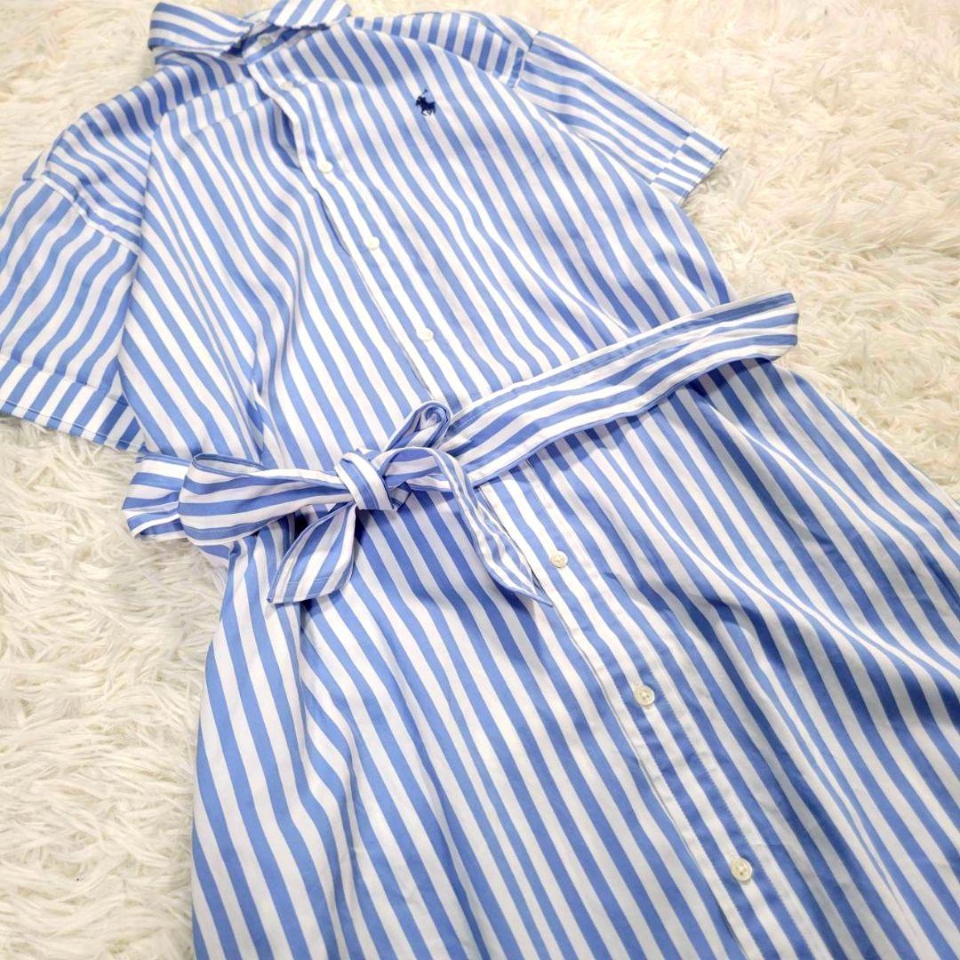 完売品・美品☆ラルフローレン　ストライプ　シャツワンピース　ウエストリボン　半袖