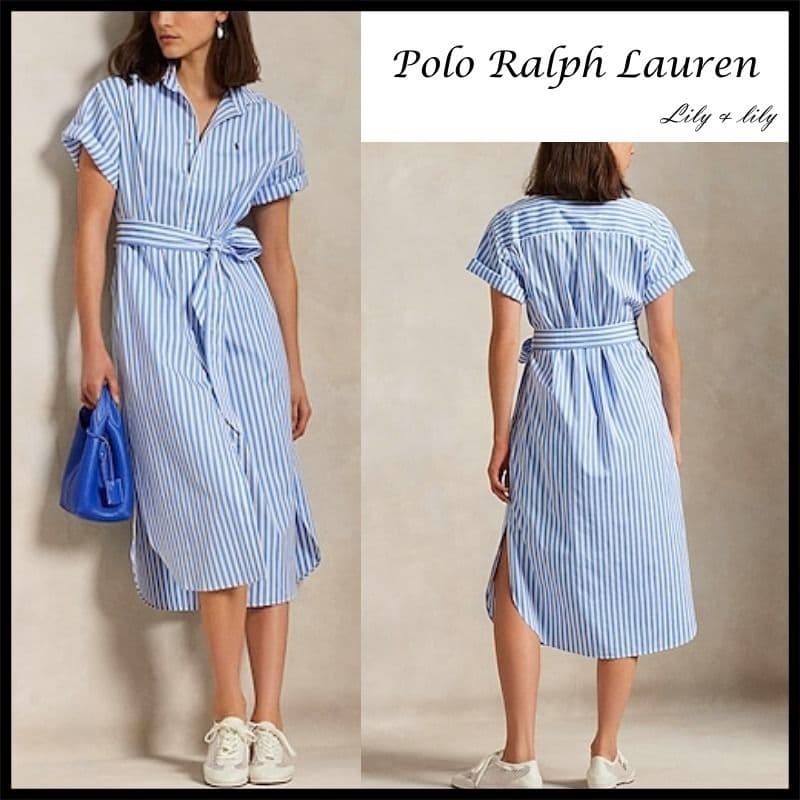 完売品・美品☆ラルフローレン　ストライプ　シャツワンピース　ウエストリボン　半袖