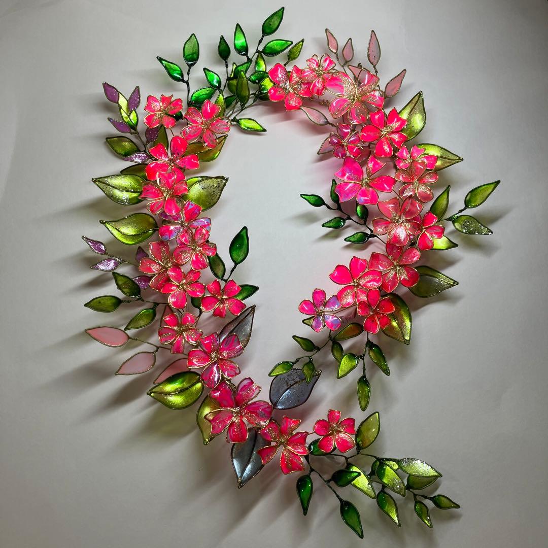 一点物　大きなネオンピンクフラワーリース　ディップアート　ワイヤークラフト