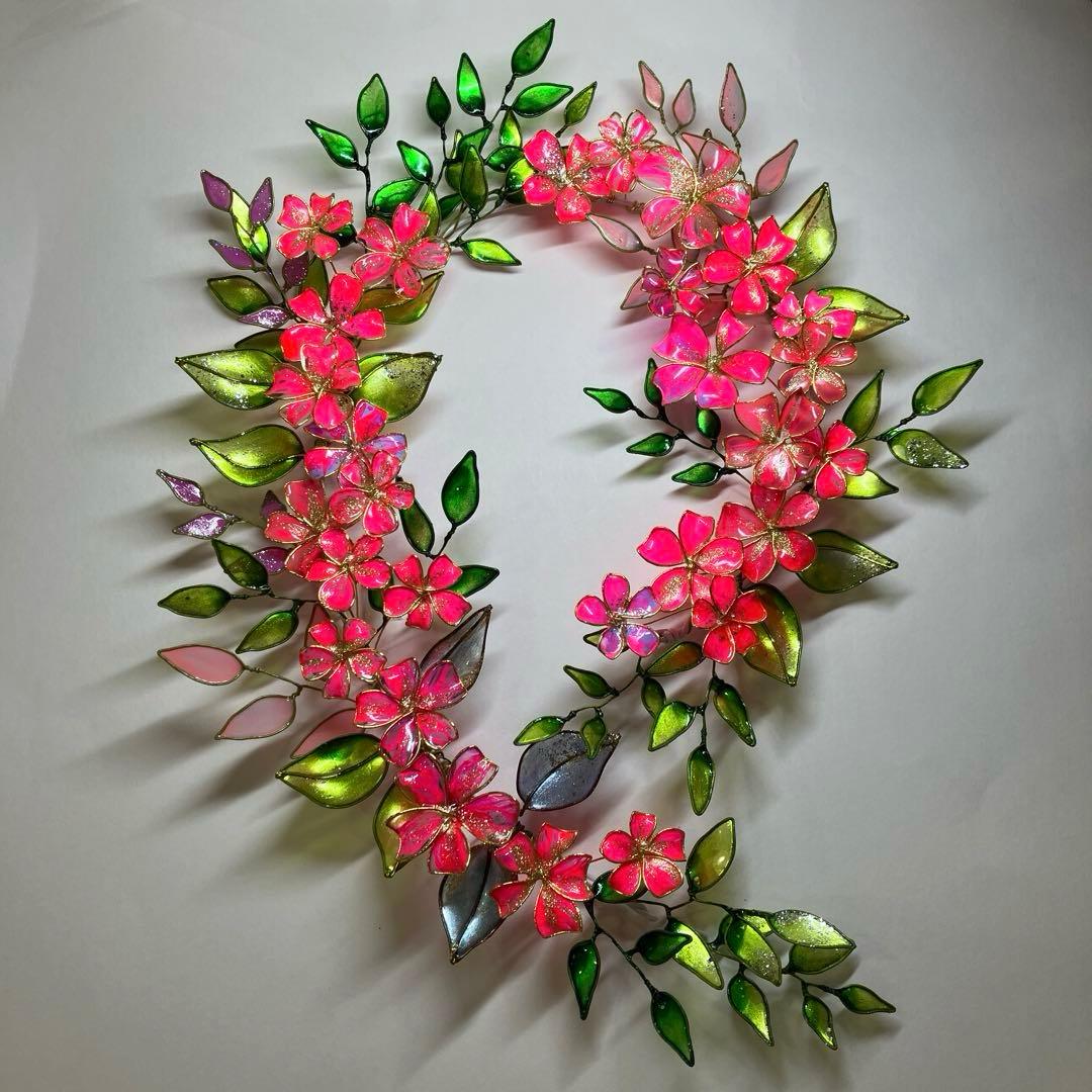 一点物　大きなネオンピンクフラワーリース　ディップアート　ワイヤークラフト