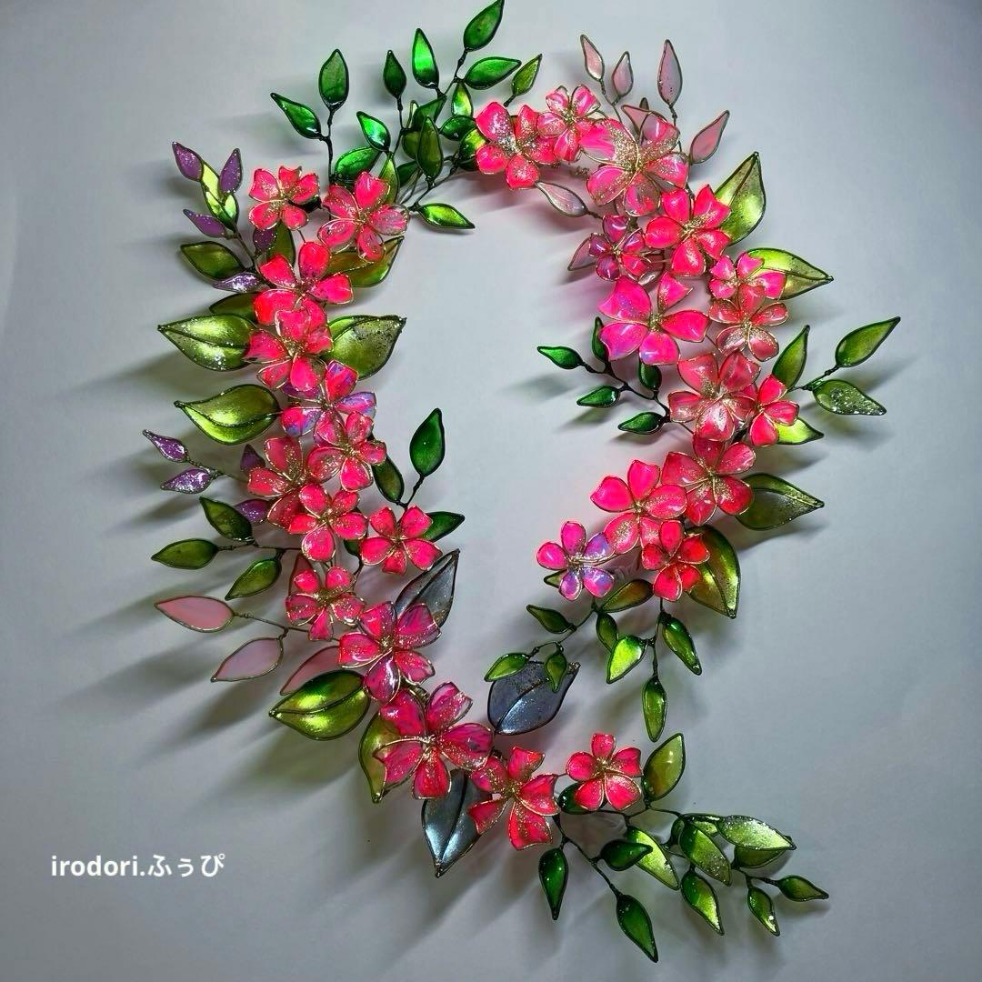 一点物　大きなネオンピンクフラワーリース　ディップアート　ワイヤークラフト