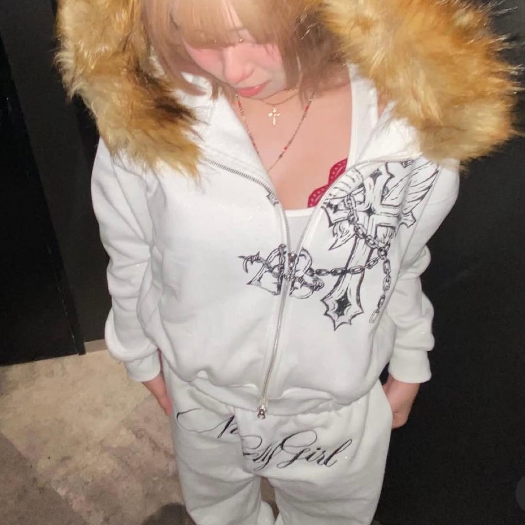 トップス 9090 Cross Logo glitter Fur Zip Hoodie