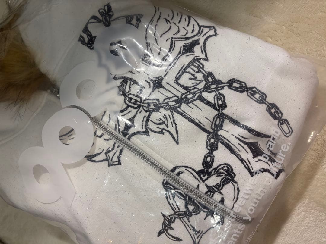 トップス 9090 Cross Logo glitter Fur Zip Hoodie