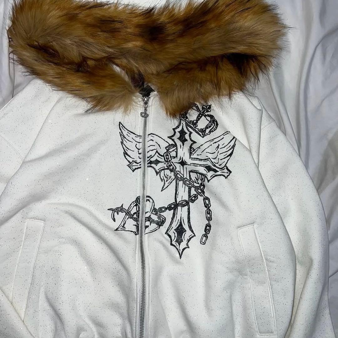 トップス 9090 Cross Logo glitter Fur Zip Hoodie