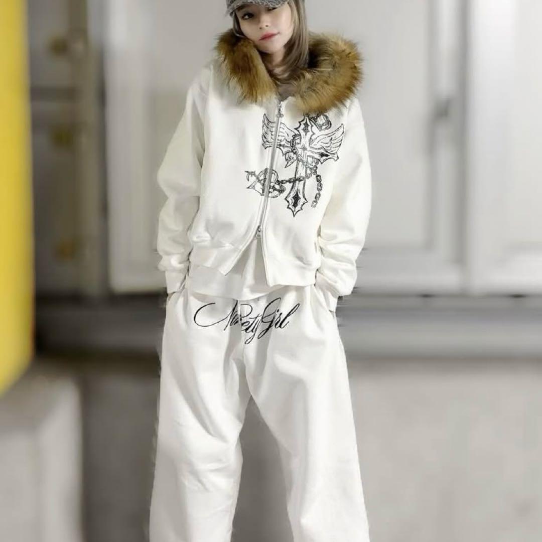 トップス 9090 Cross Logo glitter Fur Zip Hoodie