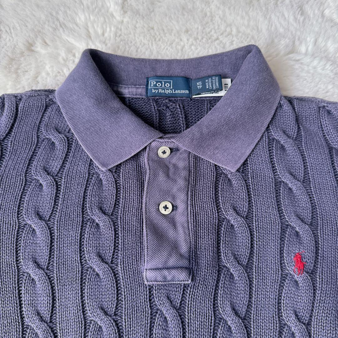 美品　ポロラルフローレン　ケーブルニット ポロシャツ　XS ネイビー　洗濯