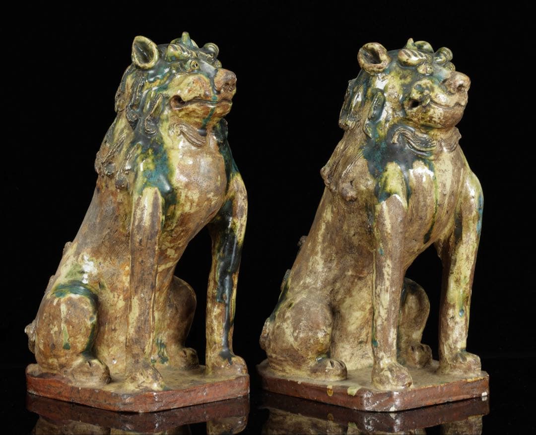 K*M様 江戸期名陶 【加藤春岱】 瀬戸焼 特大狛犬 阿吽 一対 桐箱 獅子 古