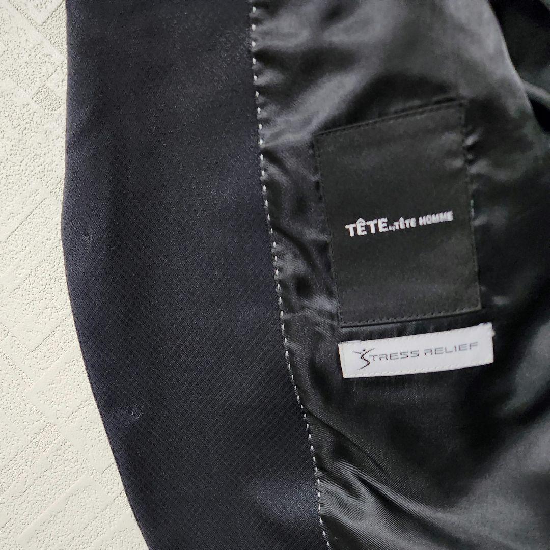 テットオム　メンズ　スーツ　スリーピース　紺　シャドーチェック　ストレッチ　細身