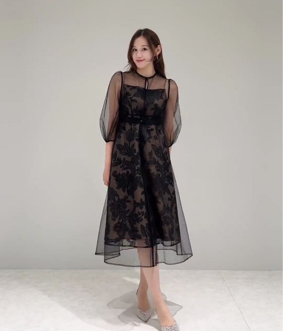 LEJA チュールパイピングリーフベルトAラインドレスワンピース