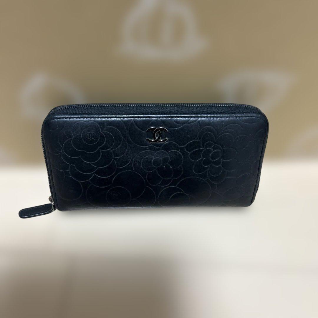 美品 　CHANEL シャネル　カメリア 長財布　　レザー　　黒