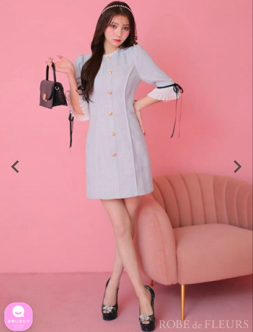 ローブドフルール高級袖ありフリルリボンフロントボタンツイードラメタイトミニドレス