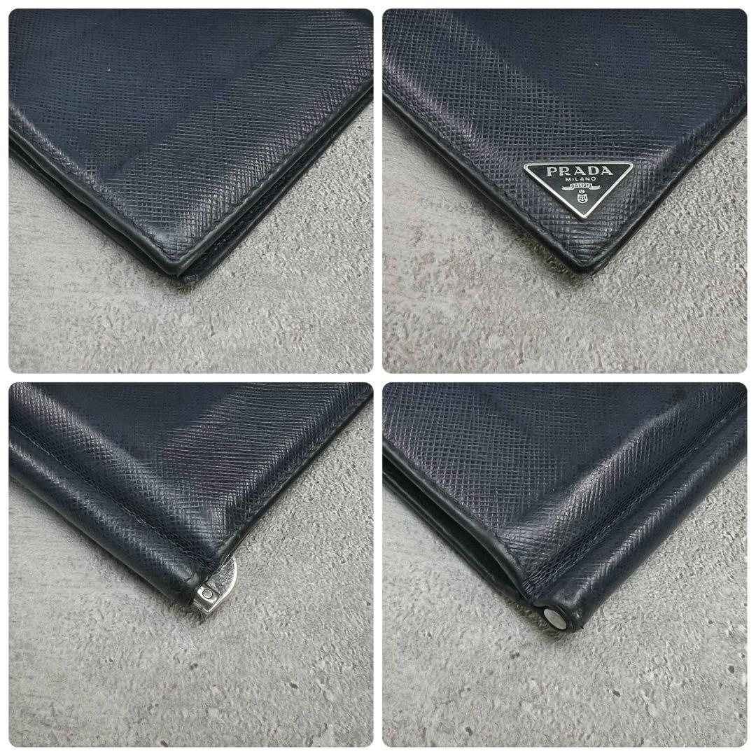 現行 プラダ トライアングルロゴ カーフレザー マネークリップ ネイビー メンズ