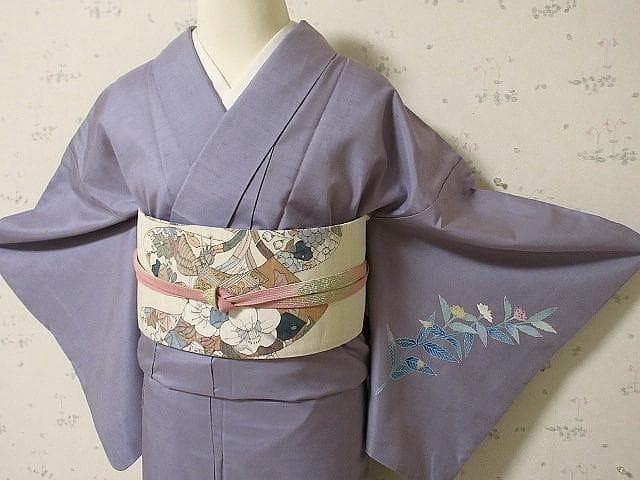 訪問着：本加賀友禅「西尾翠峰」花柄：藤色の白山紬：美品-袷正絹：P38