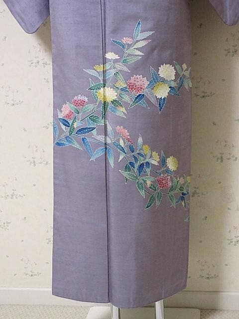 訪問着：本加賀友禅「西尾翠峰」花柄：藤色の白山紬：美品-袷正絹：P38