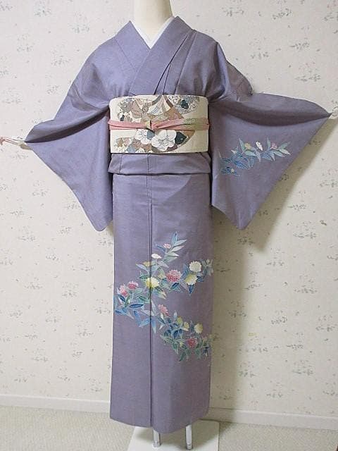 訪問着：本加賀友禅「西尾翠峰」花柄：藤色の白山紬：美品-袷正絹：P38
