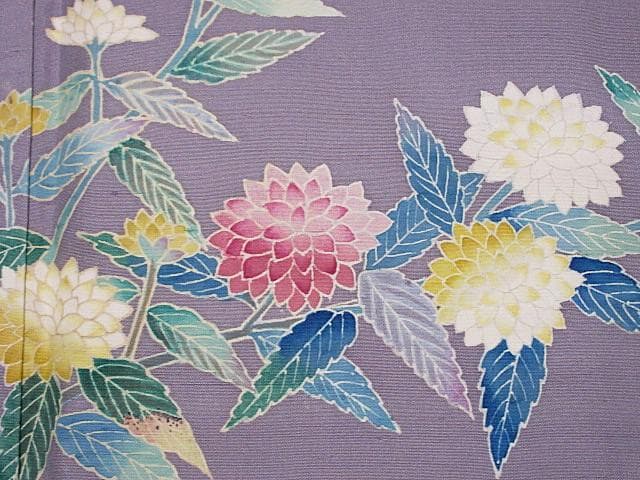 訪問着：本加賀友禅「西尾翠峰」花柄：藤色の白山紬：美品-袷正絹：P38