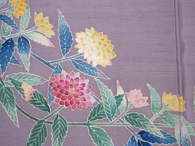 訪問着：本加賀友禅「西尾翠峰」花柄：藤色の白山紬：美品-袷正絹：P38