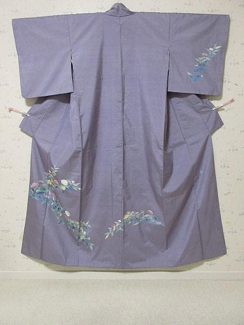 訪問着：本加賀友禅「西尾翠峰」花柄：藤色の白山紬：美品-袷正絹：P38