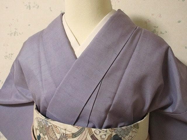 訪問着：本加賀友禅「西尾翠峰」花柄：藤色の白山紬：美品-袷正絹：P38