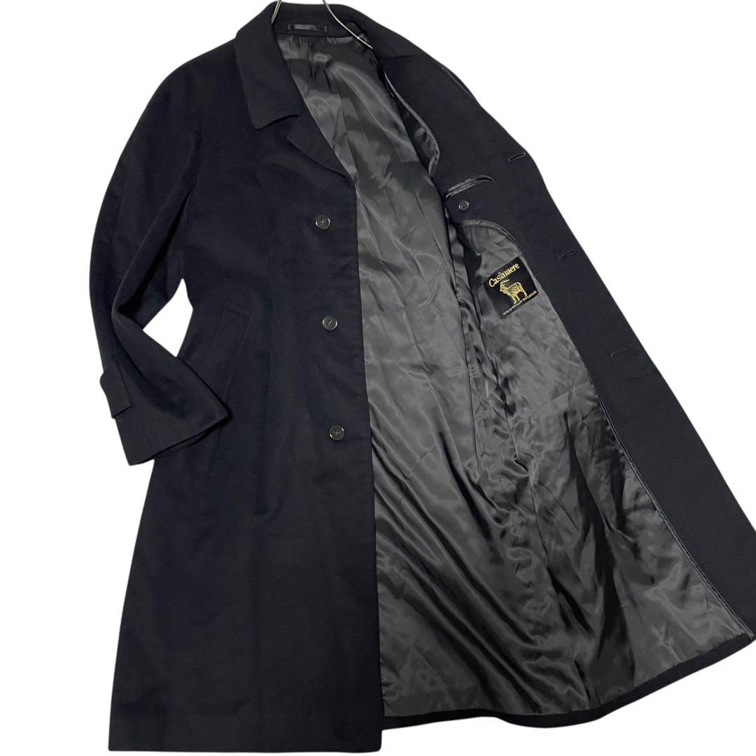 カシミヤ50%【vintage】マキシ丈比翼チェスターコート 日本製 ブラックM