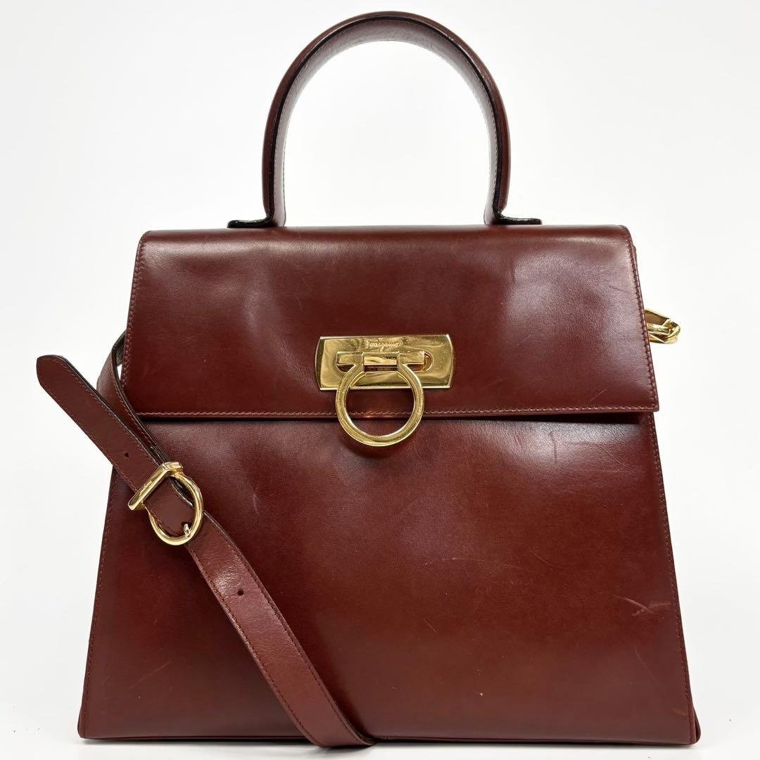 サルヴァトーレフェラガモ フォーマルバッグ 2way 本革 茶色 ガンチーニ