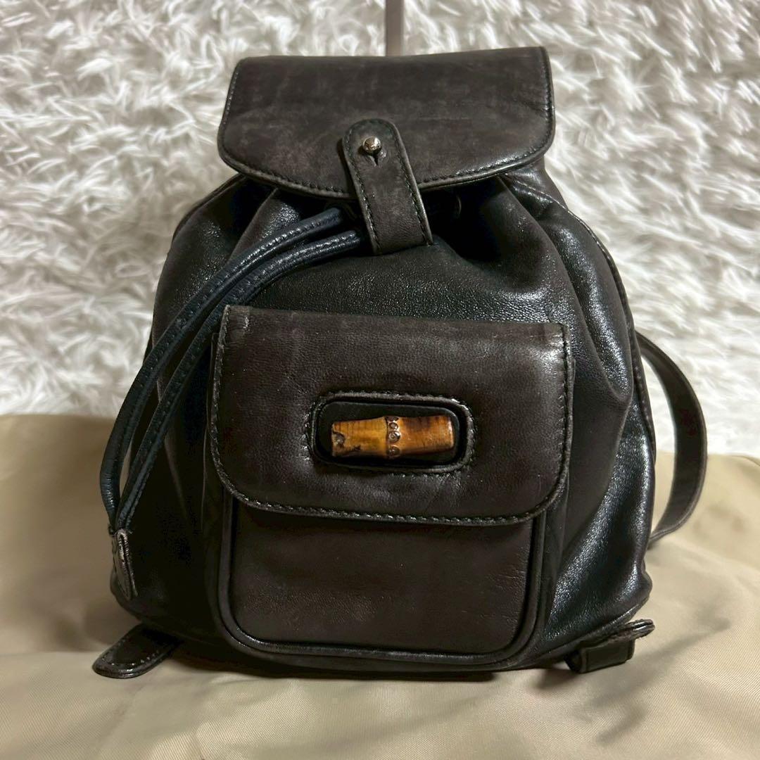 【】グッチ バンブー レザー 巾着 ミニ リュック かばん バッグ ヴィンテージ