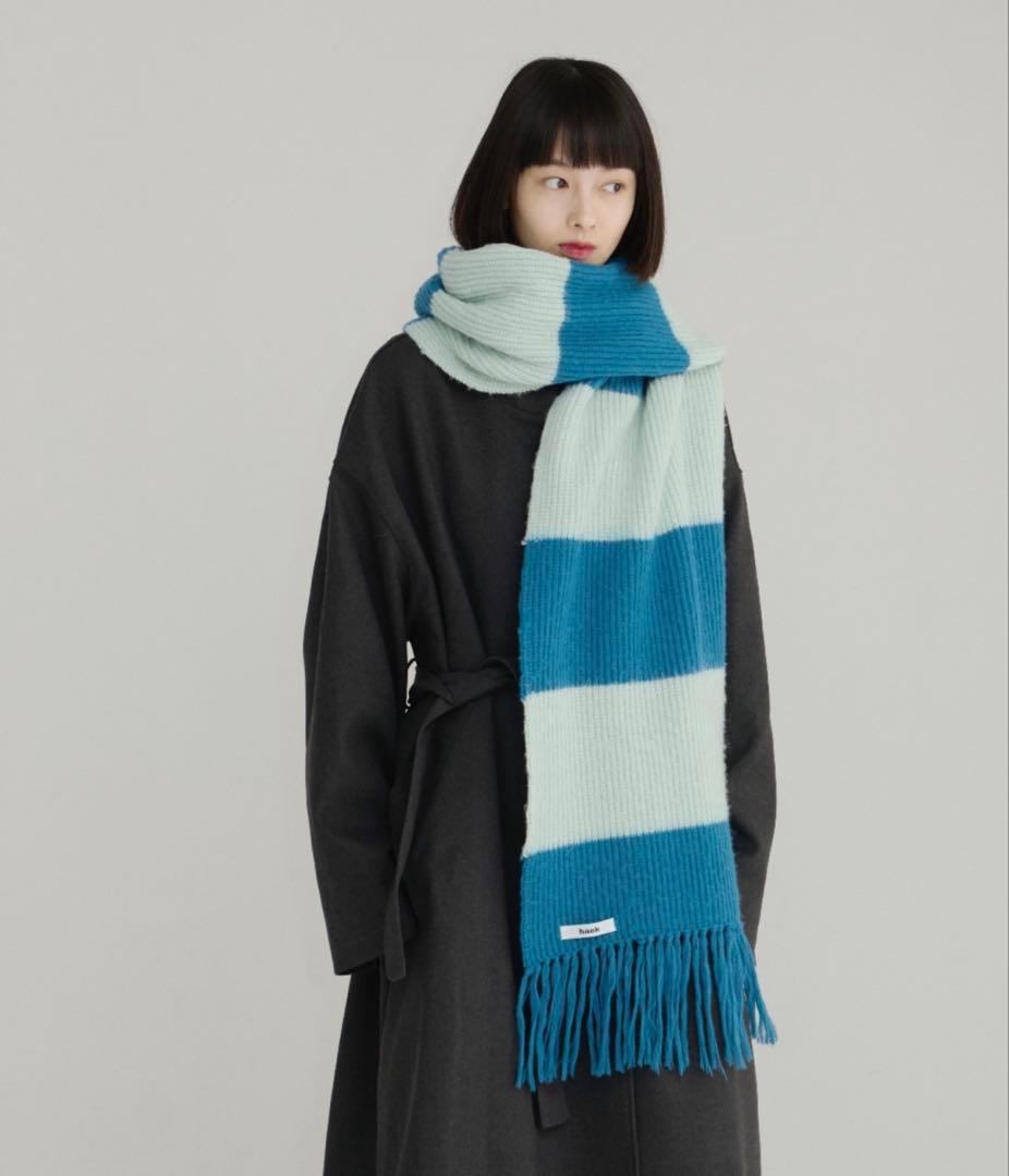 haek ボーダーフリンジマフラー ブルー