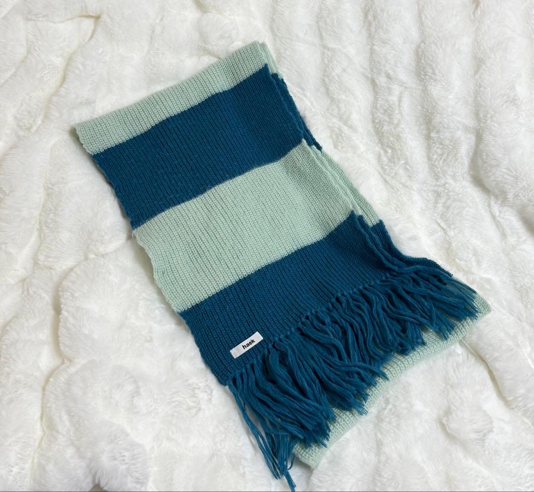 haek ボーダーフリンジマフラー ブルー