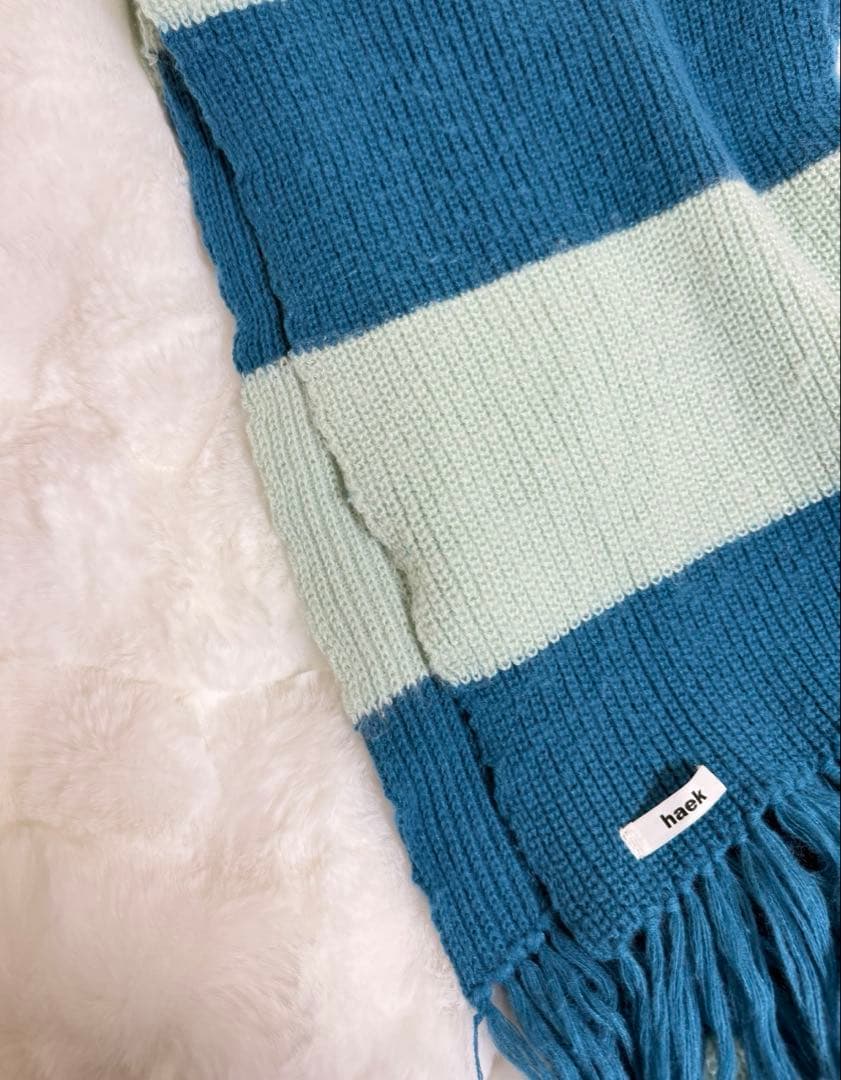 haek ボーダーフリンジマフラー ブルー