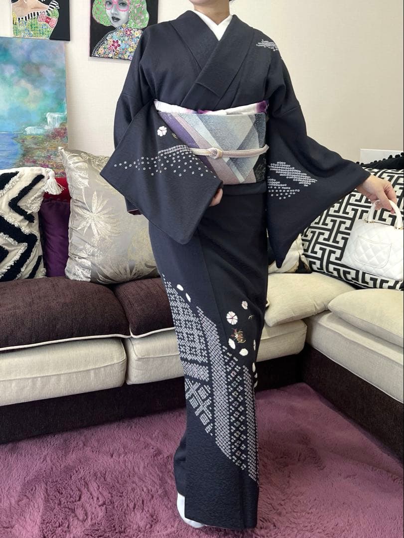 付け下げ　ネイビーパープル