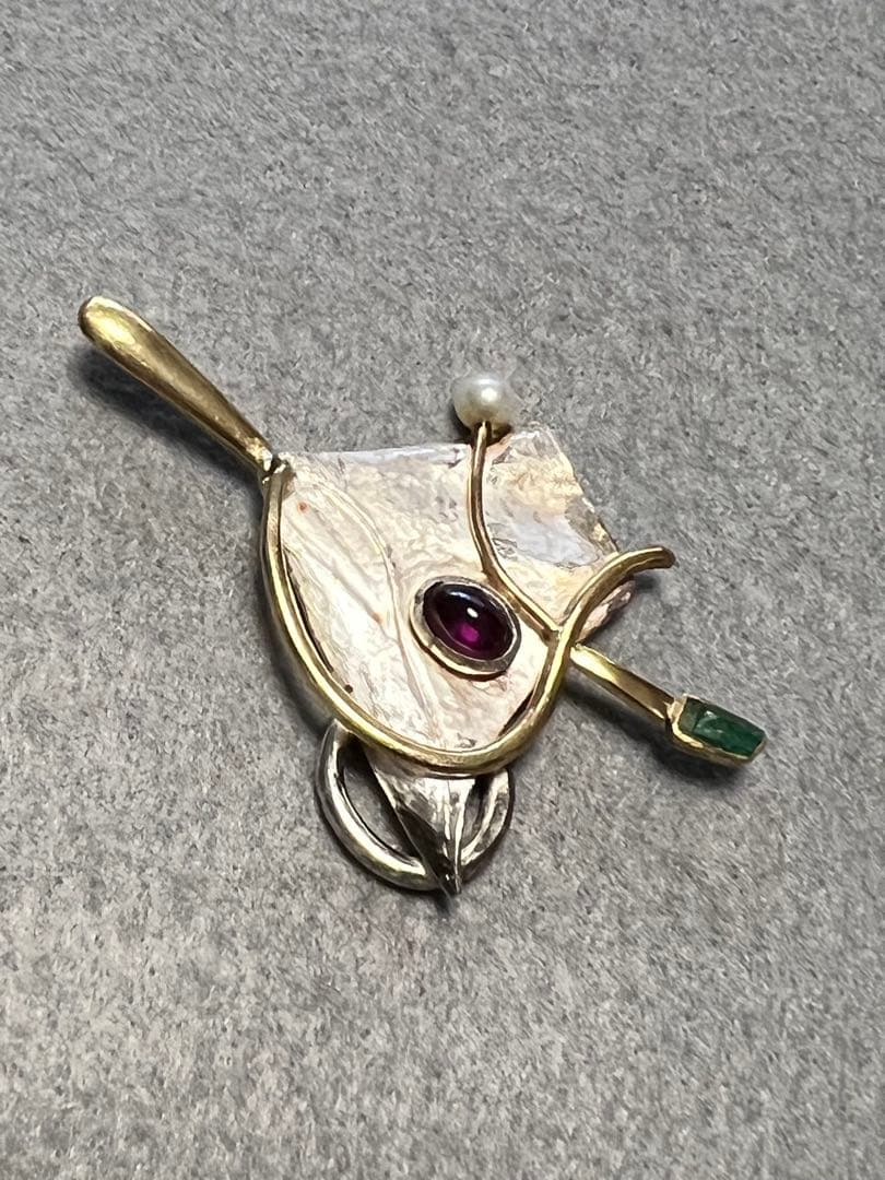 手作り一点物ペンダントトップ K18. シルバー.アメジスト エメラルド.パール