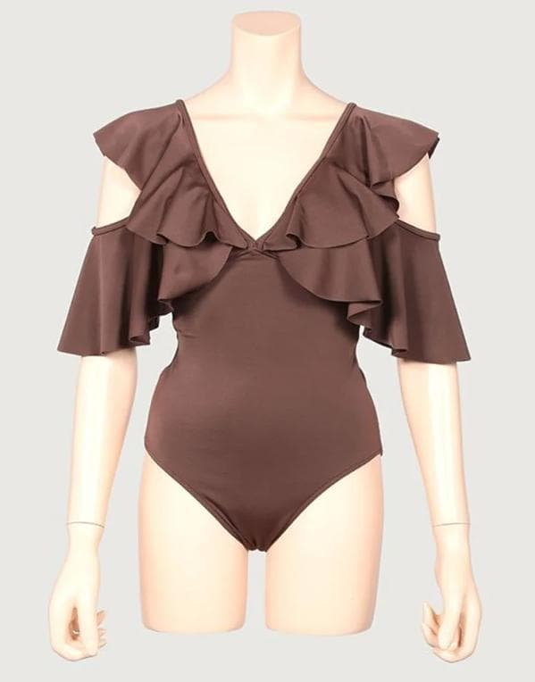 【新品】anuans　アニュアンス　フリルスリーブワンピース 水着　S　ブラウン