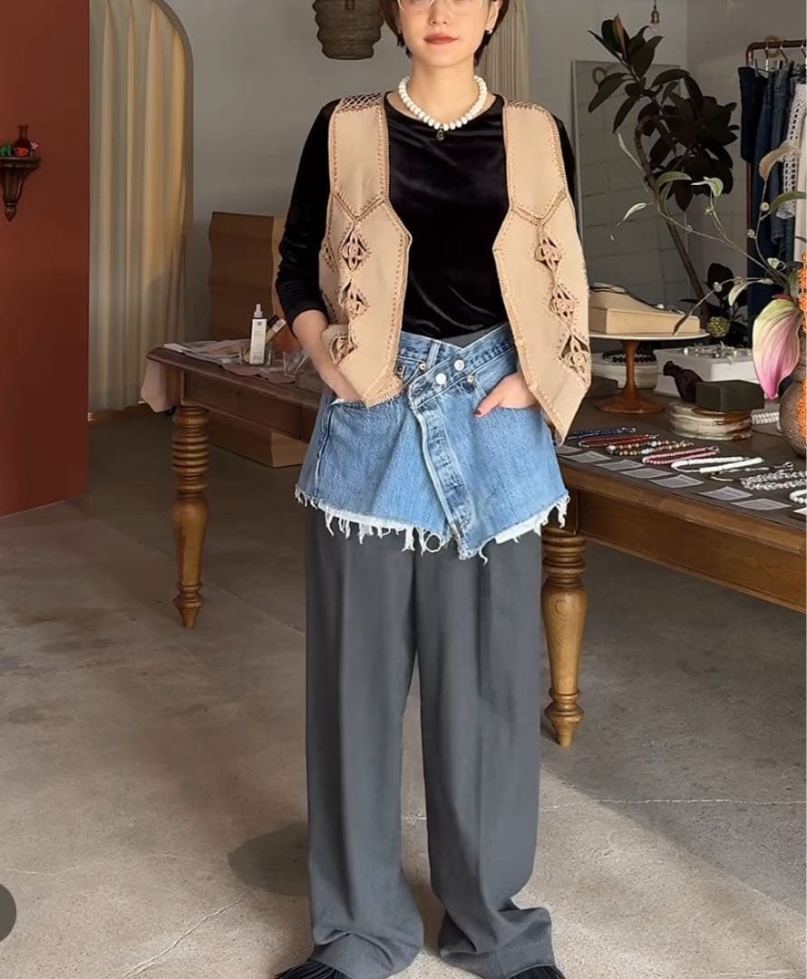 pollen vintage リメイクデニム巻きスカート