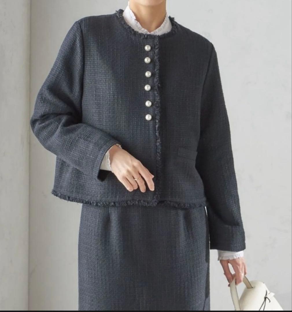 SHIPS スラブ ツイード ノーカラー ジャケット 36