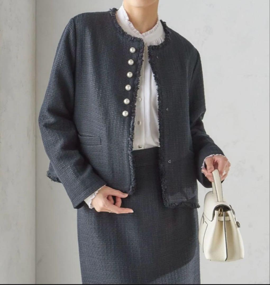 SHIPS スラブ ツイード ノーカラー ジャケット 36