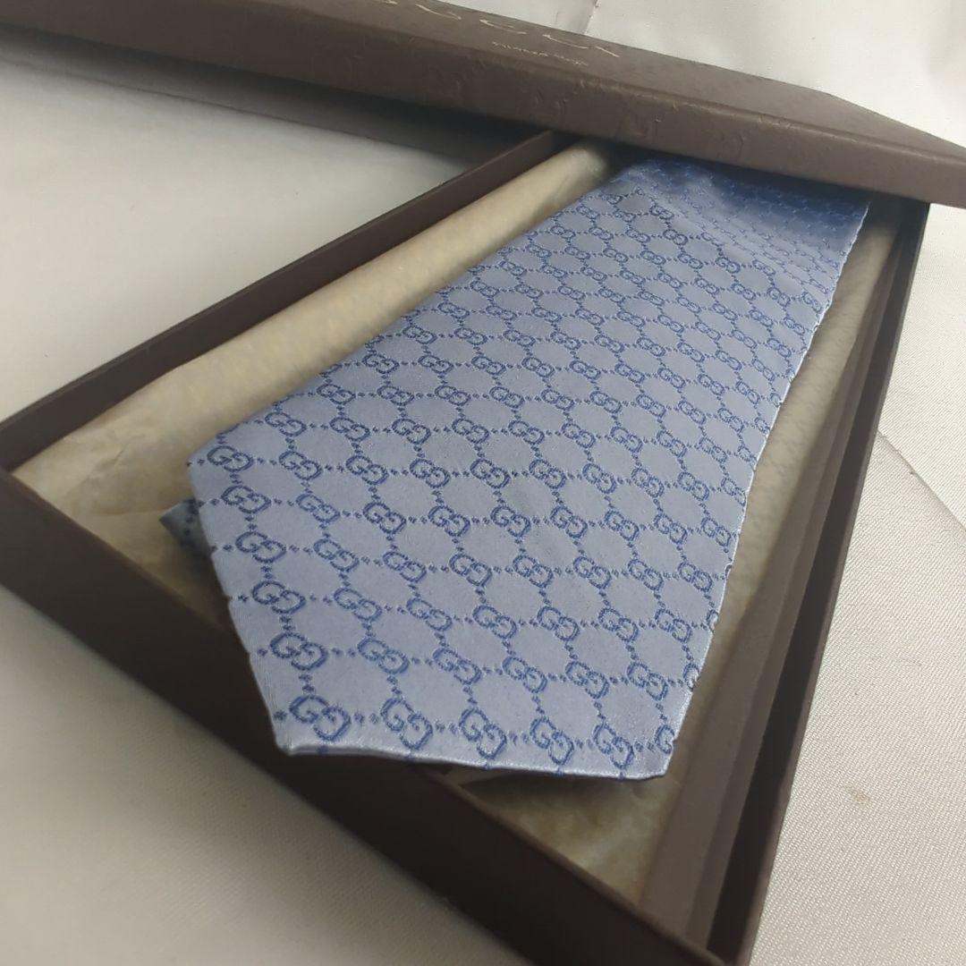 【美品】GUCCI グッチ GG柄 ロゴ 総柄 ネクタイ ブルー系