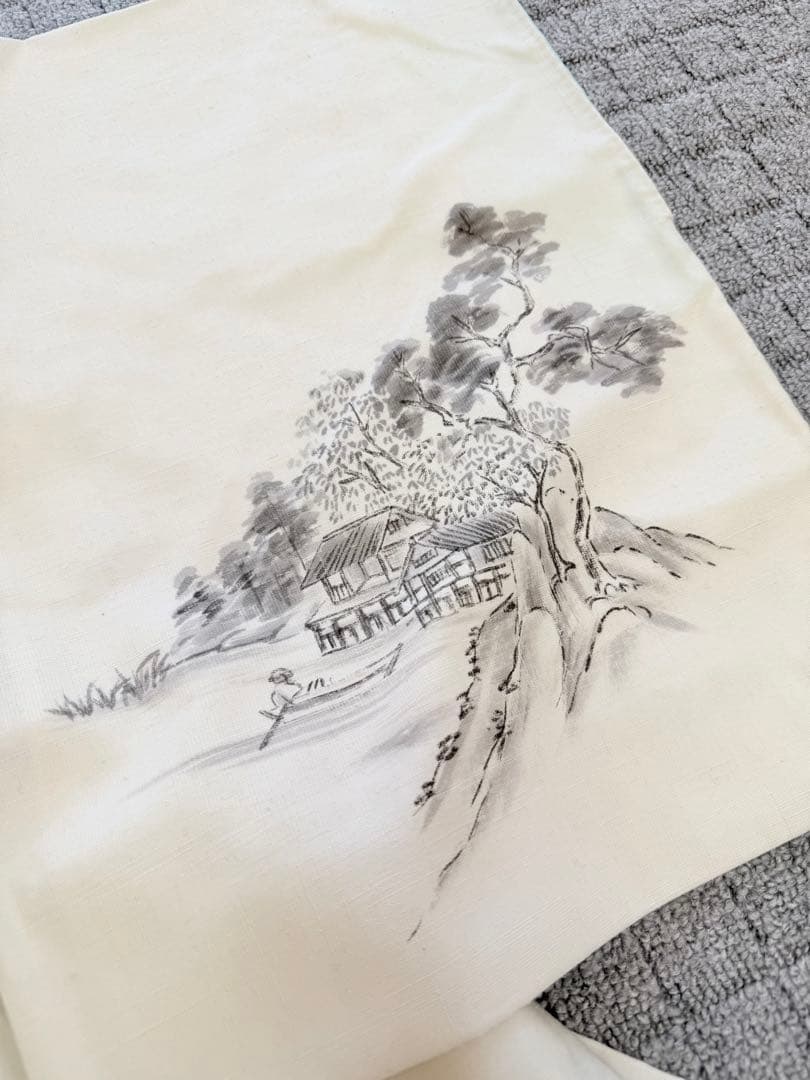 高級 訪問着 生紬 大和紬 ホワイト 水墨画 家屋 フォーマル