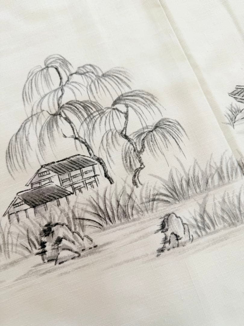 高級 訪問着 生紬 大和紬 ホワイト 水墨画 家屋 フォーマル