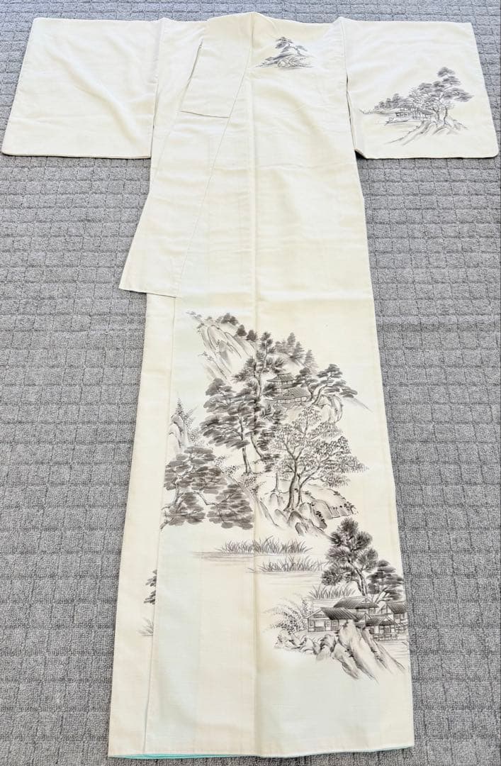 高級 訪問着 生紬 大和紬 ホワイト 水墨画 家屋 フォーマル