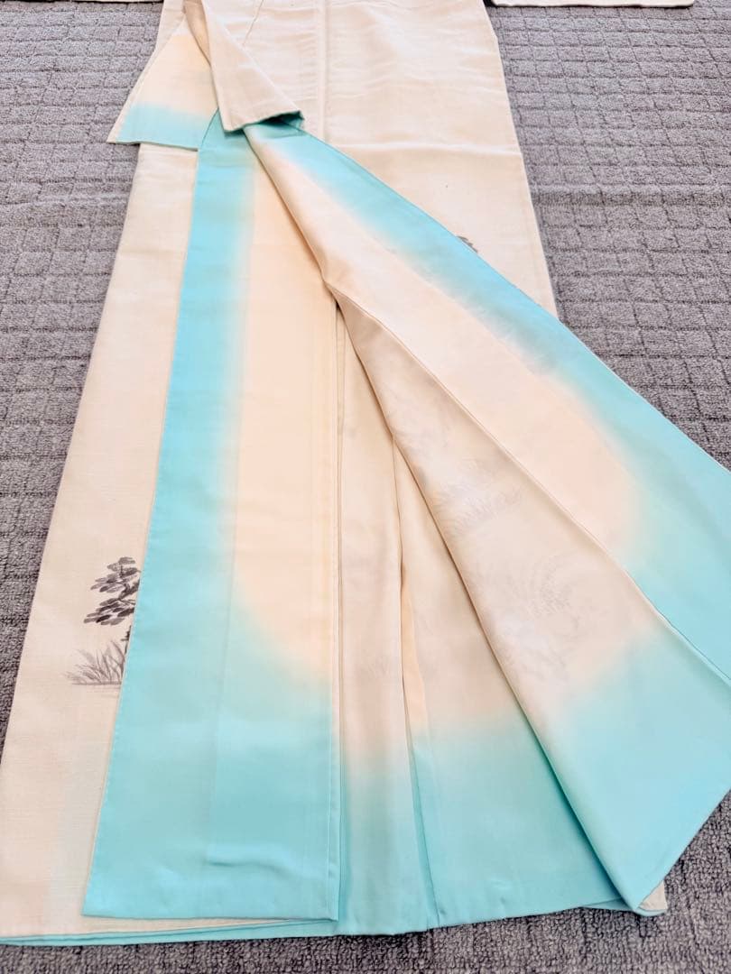 高級 訪問着 生紬 大和紬 ホワイト 水墨画 家屋 フォーマル