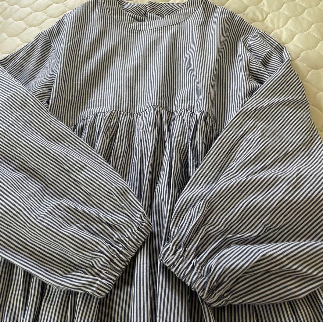 【23SS美品】BEARDSLEY 先染めギャザーチュニックワンピースストライプ