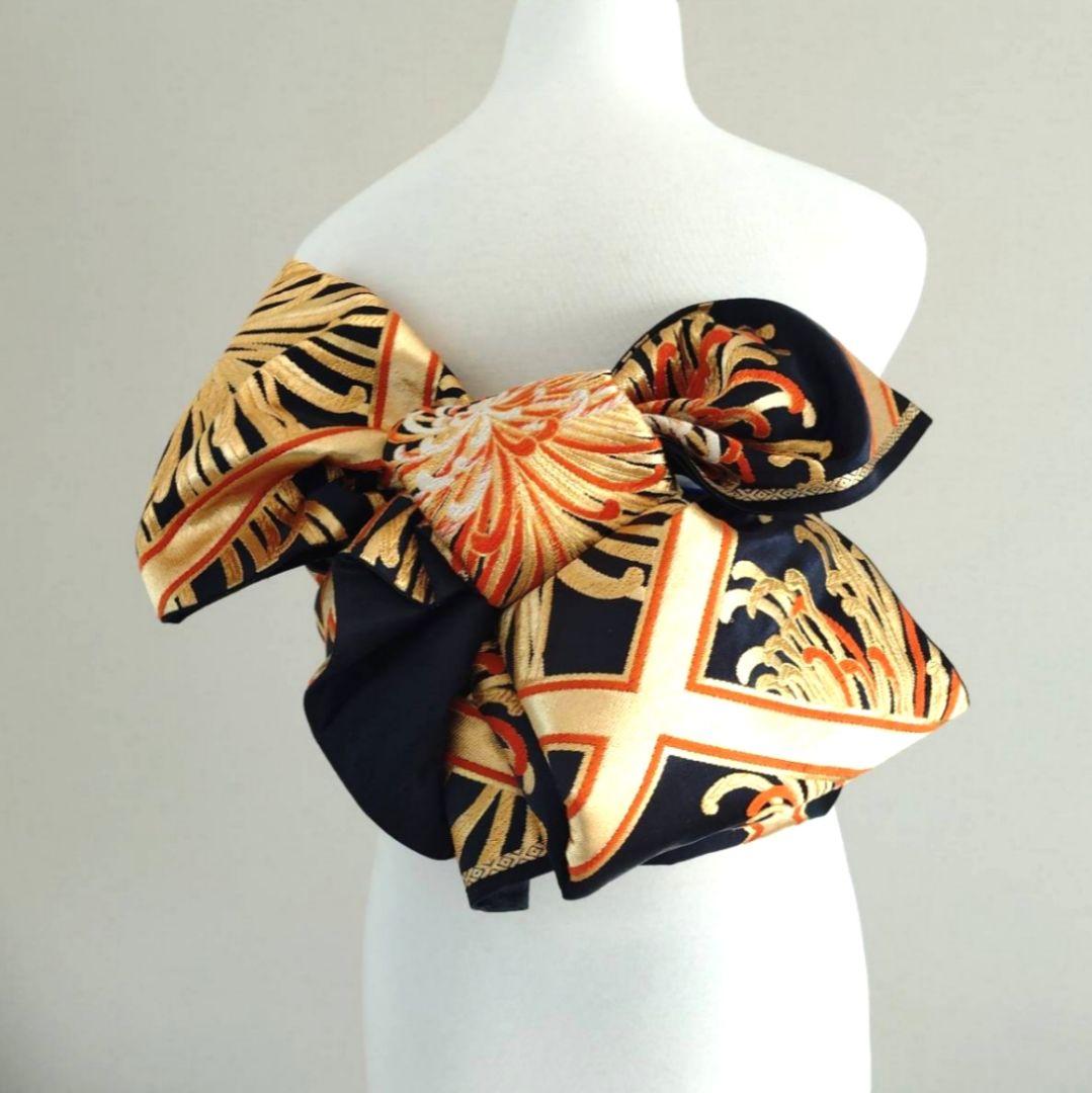 一部式作り帯　振袖用　格子に乱菊　胴巻き～90㎝　十三参りにも　正絹　黒色　金色