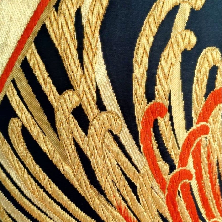 一部式作り帯　振袖用　格子に乱菊　胴巻き～90㎝　十三参りにも　正絹　黒色　金色