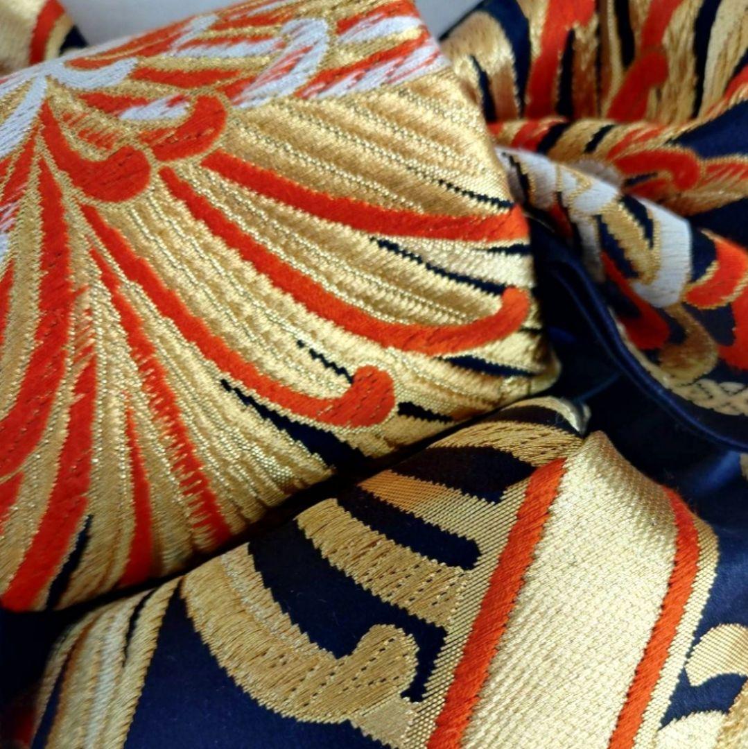 一部式作り帯　振袖用　格子に乱菊　胴巻き～90㎝　十三参りにも　正絹　黒色　金色