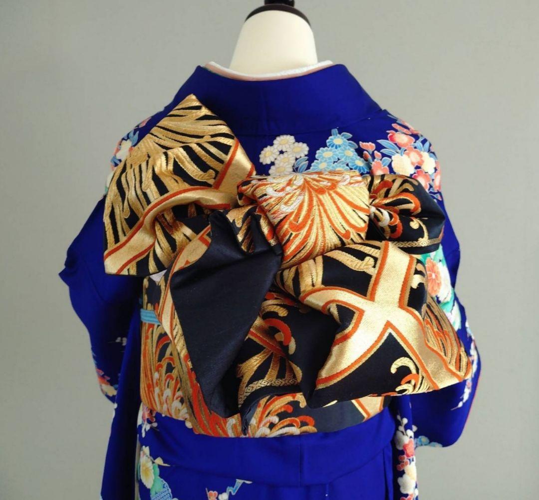 一部式作り帯　振袖用　格子に乱菊　胴巻き～90㎝　十三参りにも　正絹　黒色　金色