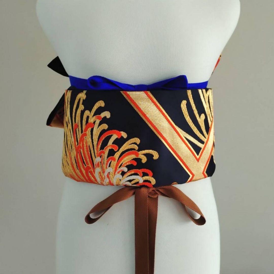 一部式作り帯　振袖用　格子に乱菊　胴巻き～90㎝　十三参りにも　正絹　黒色　金色